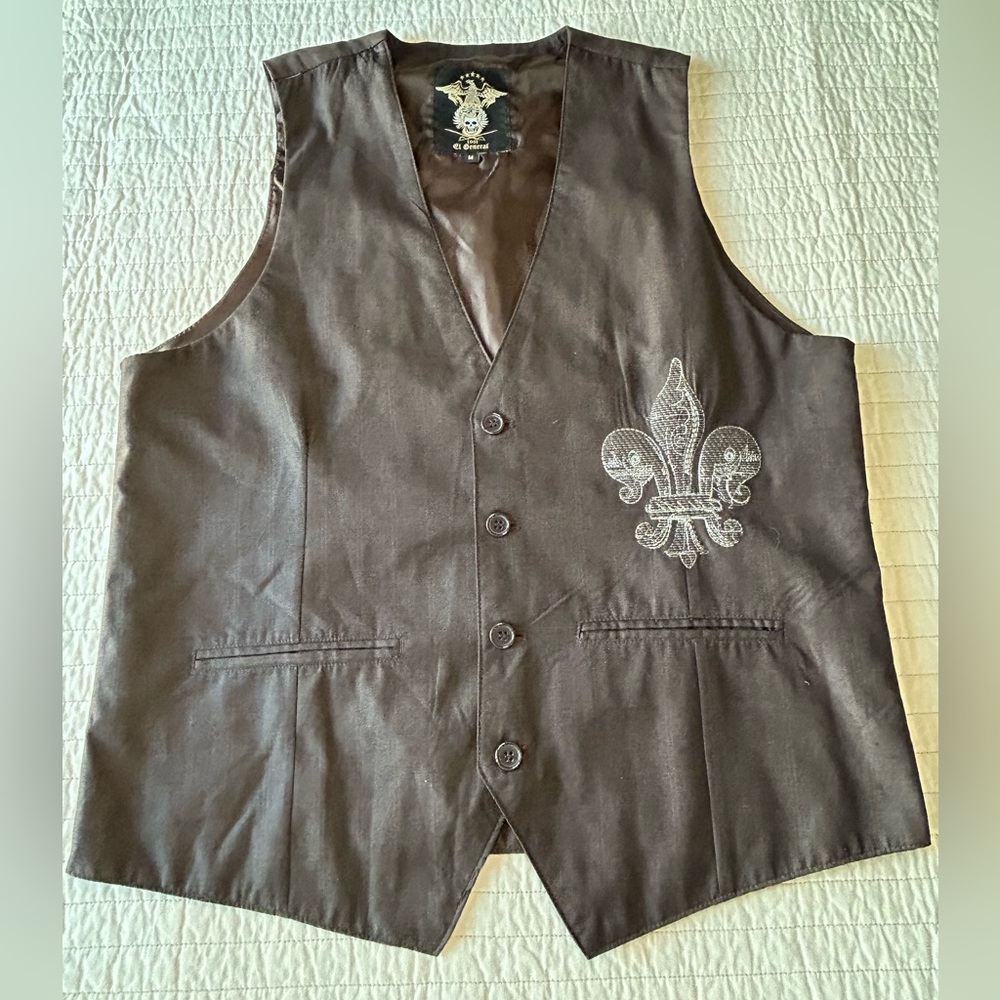 El General Brown Vest Fleur De Lis Dragon Rhinestones Embroidered Biker Moto M
